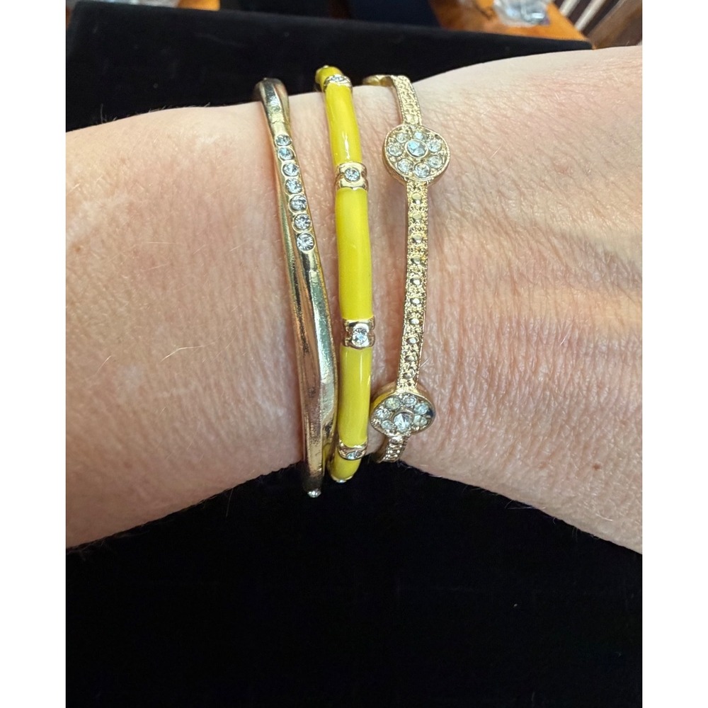 Set of 3 Gold Tone Rhinestone & Yellow Enamel Bangle Bracelets – Glam Y2K Stack